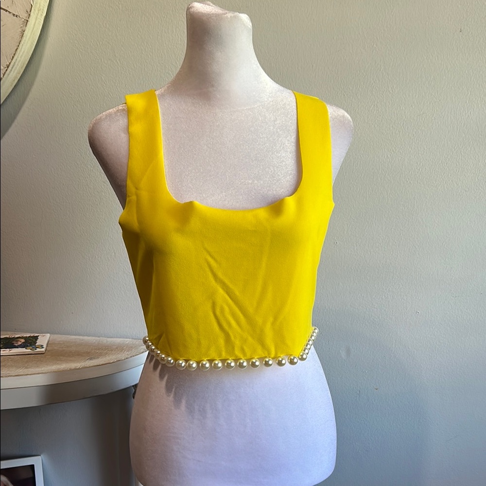 [Rêveuse] Yellow Pearl-Trimmed Crop Blouse - Size Medium NWT